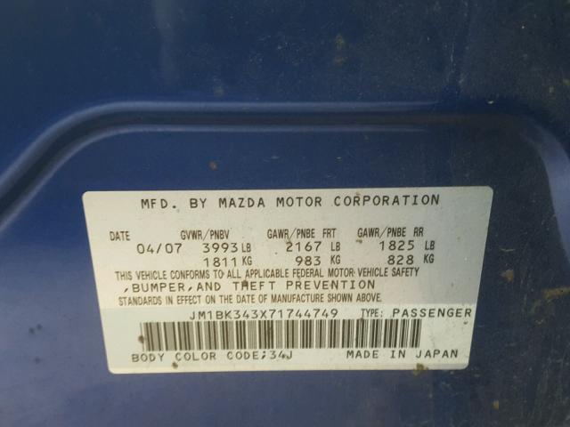 JM1BK343X71744749 - 2007 MAZDA 3 HATCHBAC BLUE photo 10