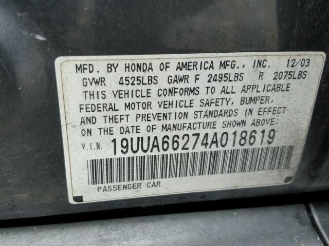 19UUA66274A018619 - 2004 ACURA TL GRAY photo 10