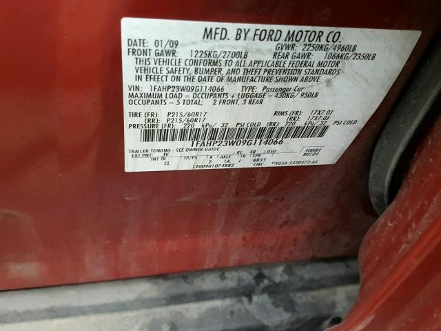 1FAHP23W09G114066 - 2009 FORD TAURUS SE RED photo 10