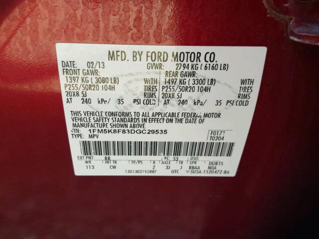 1FM5K8F83DGC29535 - 2013 FORD EXPLORER L RED photo 10