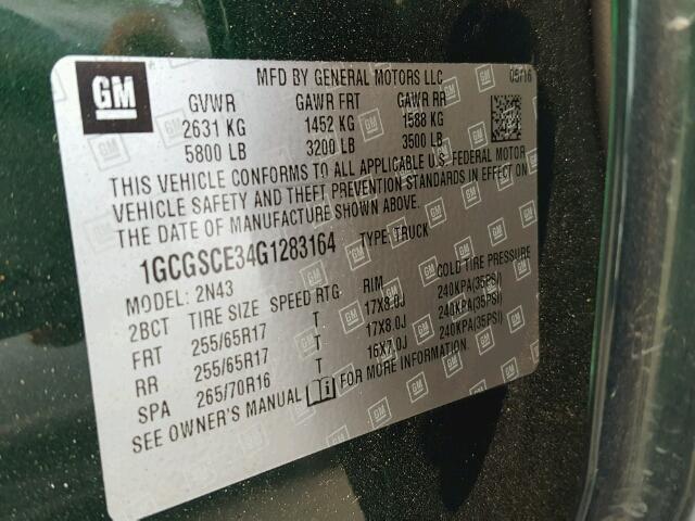 1GCGSCE34G1283164 - 2016 CHEVROLET COLORADO L GREEN photo 10