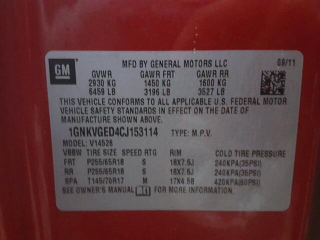 1GNKVGED4CJ153114 - 2012 CHEVROLET TRAVERSE RED photo 10