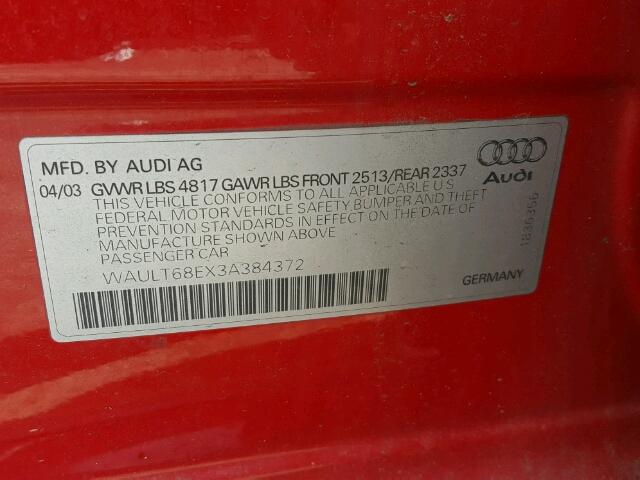 WAULT68EX3A384372 - 2003 AUDI A4 3.0 QUA RED photo 10