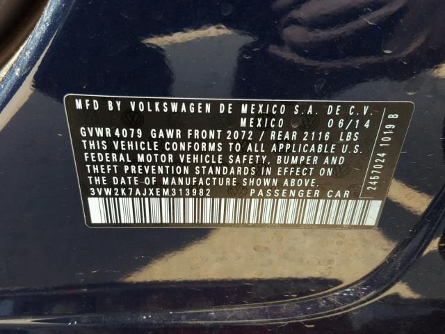3VW2K7AJXEM313982 - 2014 VOLKSWAGEN JETTA BASE Կապույտ լուսանկար 10