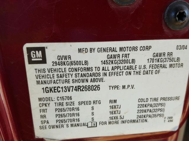 1GKEC13V74R268026 - 2004 GMC YUKON RED photo 10