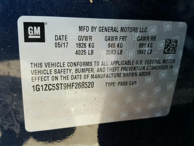 1G1ZC5ST9HF268520 - 2017 CHEVROLET MALIBU LS Mavi foto 10