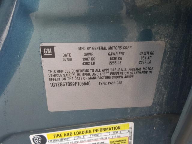 1G1ZG57B99F105646 - 2009 CHEVROLET MALIBU LS მწვანე ფოტო 10