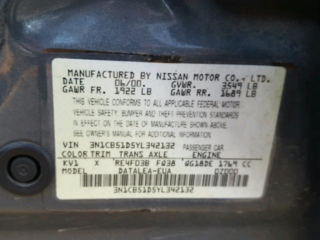 3N1CB51D5YL342132 - 2000 NISSAN SENTRA BAS GRAY photo 10