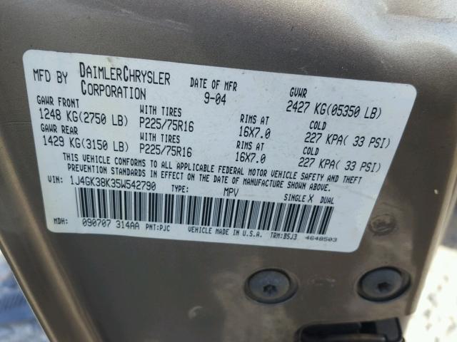 1J4GK38K35W542790 - 2005 JEEP LIBERTY RE TAN photo 10