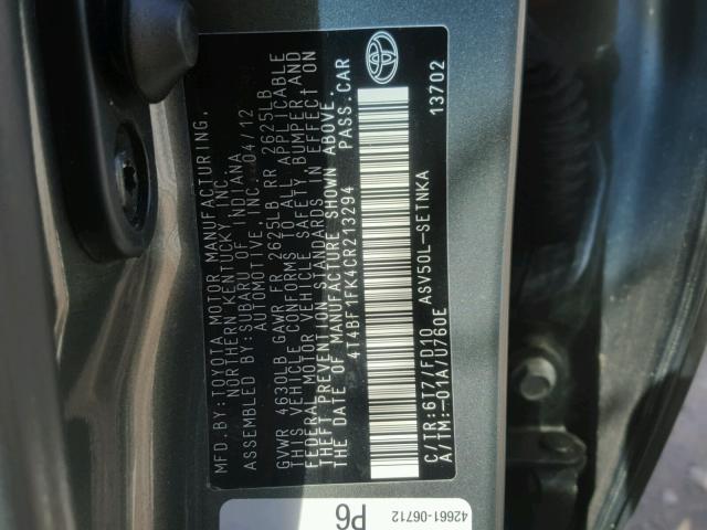 4T4BF1FK4CR213294 - 2012 TOYOTA CAMRY BASE ტალღისფერი ფოტო 10