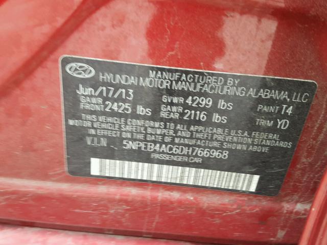 5NPEB4AC6DH766968 - 2013 HYUNDAI SONATA GLS RED photo 10