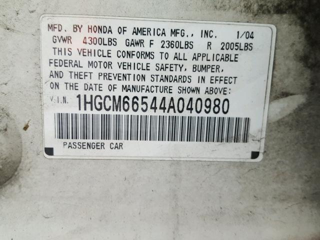 1HGCM66544A040980 - 2004 HONDA ACCORD WHITE photo 10