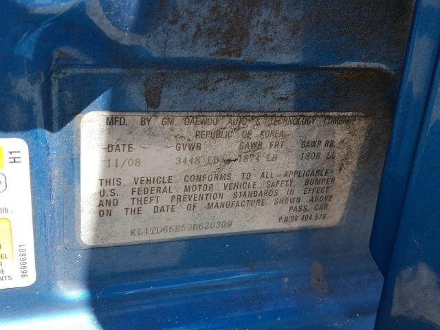 KL1TD66E59B620309 - 2009 CHEVROLET AVEO LS TURQUOISE photo 10