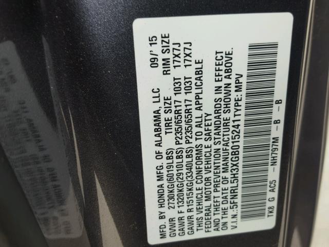 5FNRL5H3XGB015241 - 2016 HONDA ODYSSEY SE GRAY photo 10