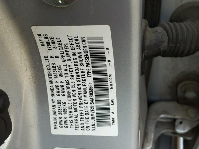 JHMZE2H54AS038551 - 2010 HONDA INSIGHT LX SILVER photo 10