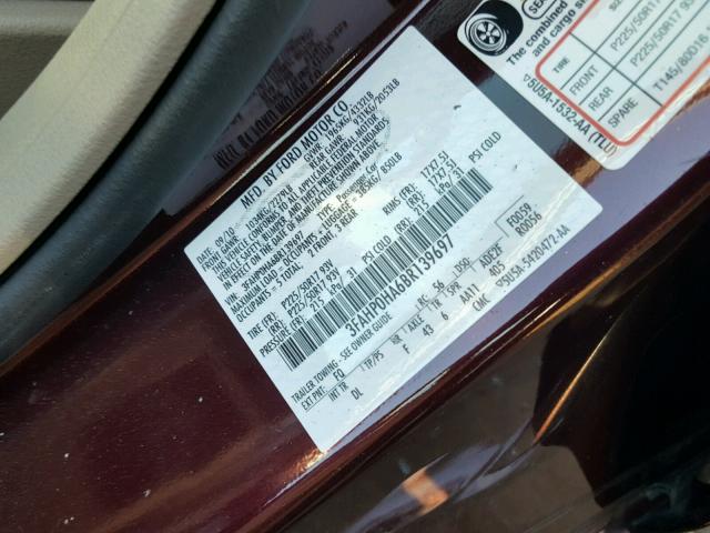 3FAHP0HA6BR139697 - 2011 FORD FUSION SE BURGUNDY photo 10