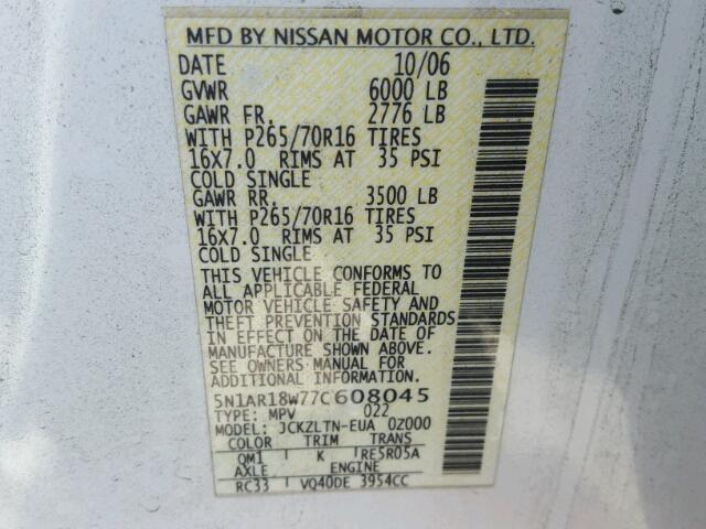 5N1AR18W77C608045 - 2007 NISSAN PATHFINDER WHITE photo 10