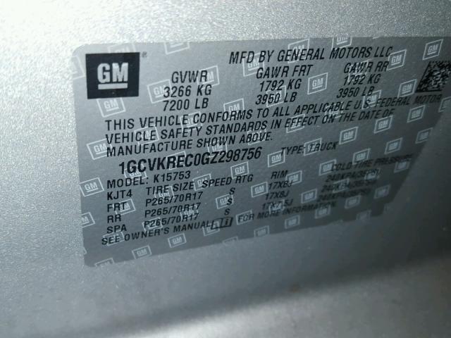 1GCVKREC0GZ298756 - 2016 CHEVROLET SILVERADO SILVER photo 10