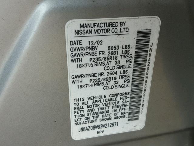 JN8AZ08W83W212671 - 2003 NISSAN MURANO SILVER photo 10