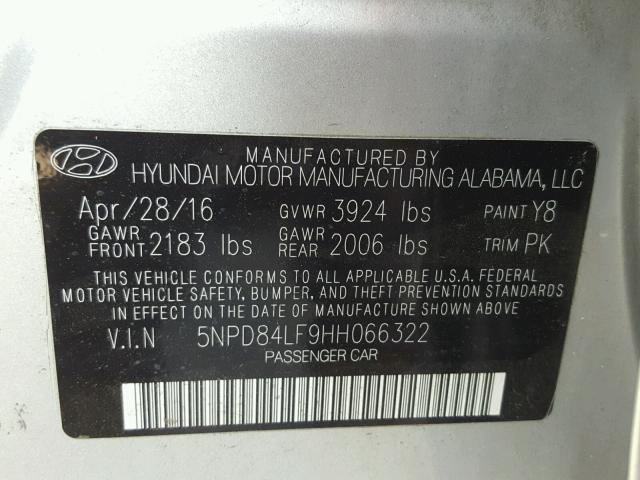 5NPD84LF9HH066322 - 2017 HYUNDAI ELANTRA SE SILVER photo 10