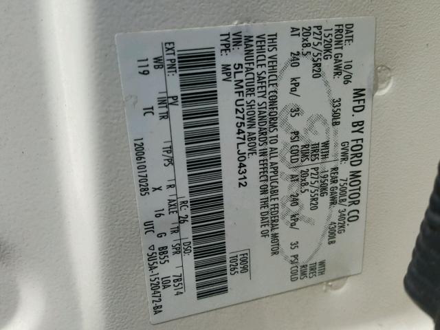 5LMFU27547LJ04312 - 2007 LINCOLN NAVIGATOR Biały zdjęcie 10