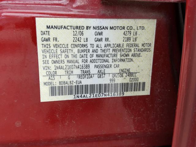 1N4AL21E07N416389 - 2007 NISSAN ALTIMA RED photo 10