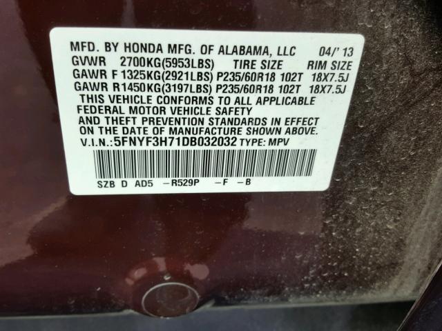 5FNYF3H71DB032032 - 2013 HONDA PILOT EXLN MAROON photo 10