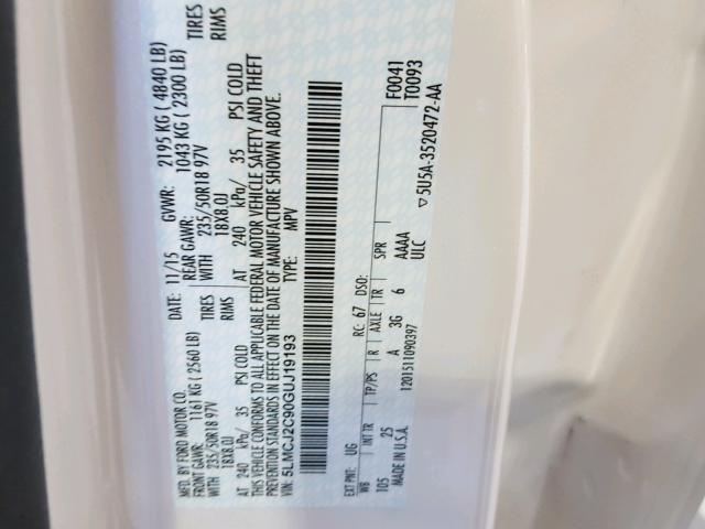 5LMCJ2C90GUJ19193 - 2016 LINCOLN MKC SELECT 白色 照片 10