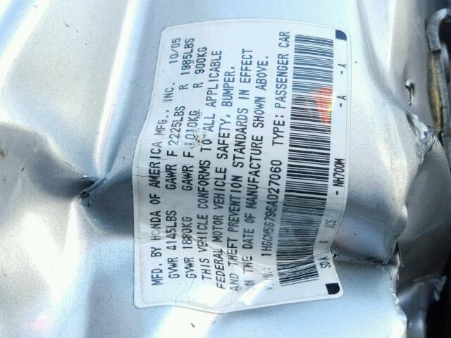 1HGCM56796A027060 - 2006 HONDA ACCORD EX SILVER photo 10