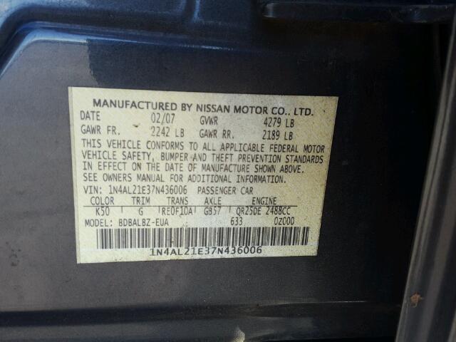 1N4AL21E37N436006 - 2007 NISSAN ALTIMA 2.5 CHARCOAL photo 10