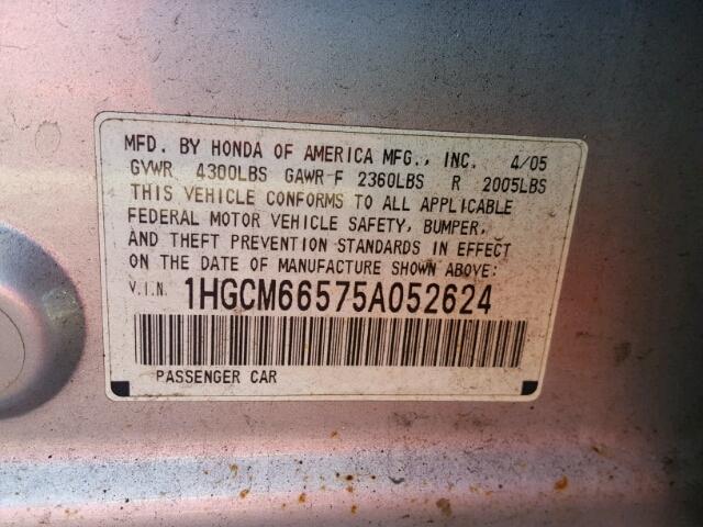 1HGCM66575A052624 - 2005 HONDA ACCORD EX SILVER photo 10