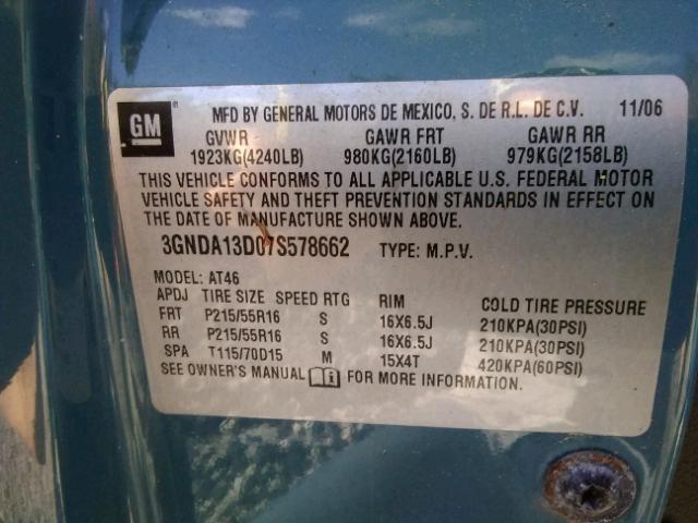 3GNDA13D07S578662 - 2007 CHEVROLET HHR TURQUOISE photo 10