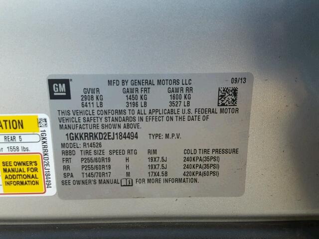 1GKKRRKD2EJ184494 - 2014 GMC ACADIA SLT ვერცხლისფერი ფოტო 10