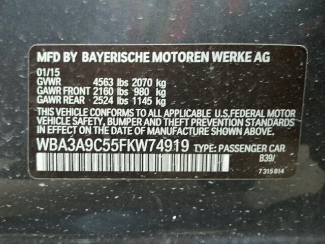 WBA3A9C55FKW74919 - 2015 BMW 335 I GRAY photo 10