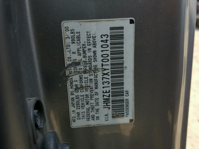 JHMZE137XYT001043 - 2000 HONDA INSIGHT GRAY photo 10