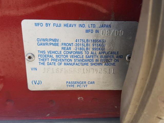 JF1SF65581H742511 - 2001 SUBARU FORESTER S RED photo 10