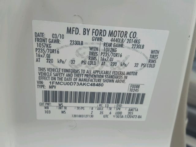 1FMCU0D73AKC48480 - 2010 FORD ESCAPE XLT WHITE photo 10