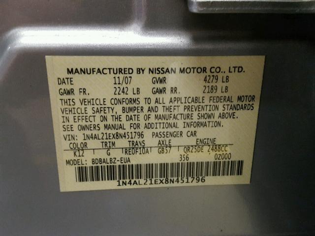 1N4AL21EX8N451796 - 2008 NISSAN ALTIMA 2.5 SILVER photo 10