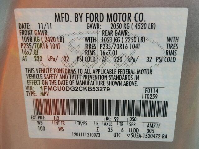 1FMCU0DG2CKB53279 - 2012 FORD ESCAPE XLT SILVER photo 10