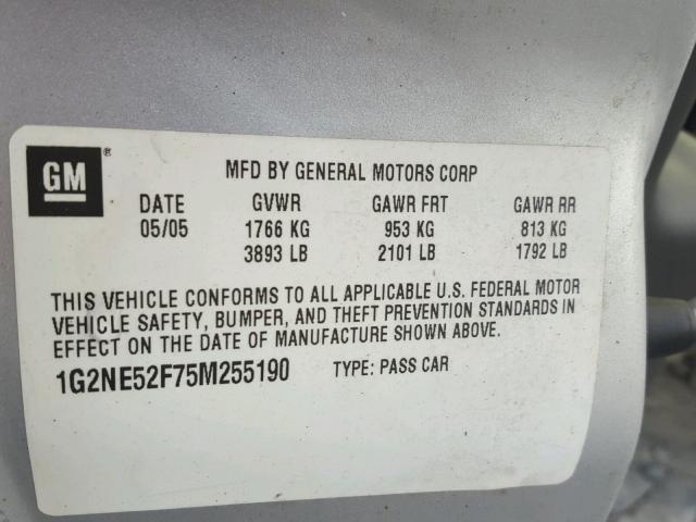 1G2NE52F75M255190 - 2005 PONTIAC GRAND AM S Gümüş foto 10