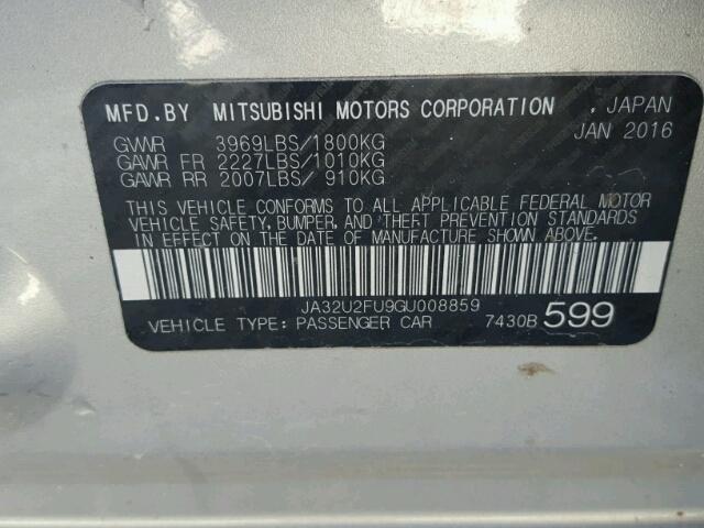 JA32U2FU9GU008859 - 2016 MITSUBISHI LANCER ES SILVER photo 10