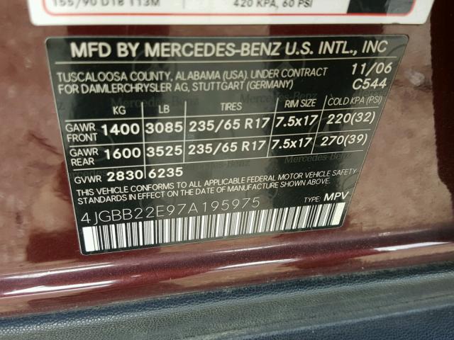 4JGBB22E97A195975 - 2007 MERCEDES-BENZ ML 320 CDI MAROON photo 10