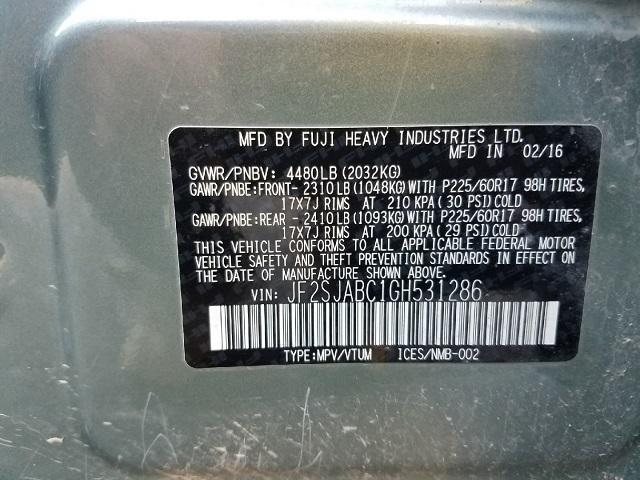 JF2SJABC1GH531286 - 2016 SUBARU FORESTER 2 GRAY photo 10