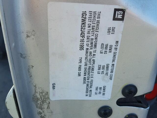 1G2WK52J42F161995 - 2002 PONTIAC GRAND PRIX SILVER photo 10