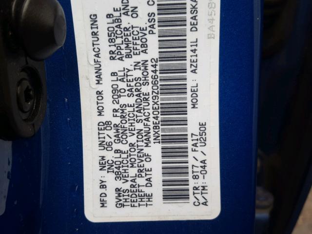 1NXBE40EX9Z066442 - 2009 TOYOTA COROLLA XR 蓝色 照片 10