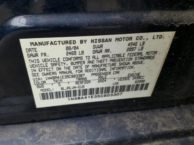 1N4BA41E35C803307 - 2005 NISSAN MAXIMA SE BLUE photo 10