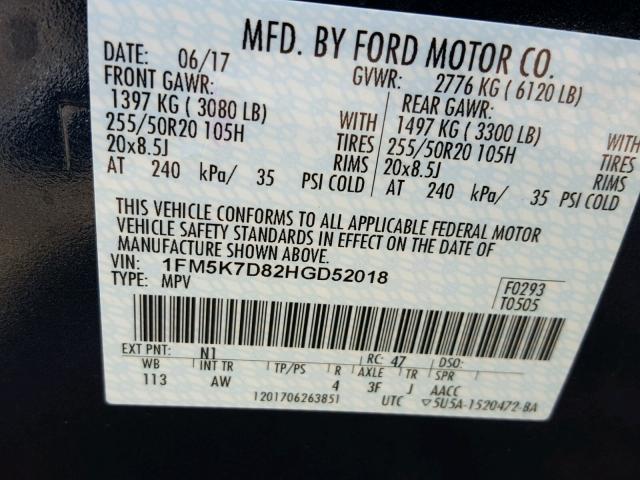 1FM5K7D82HGD52018 - 2017 FORD EXPLORER BLUE photo 10