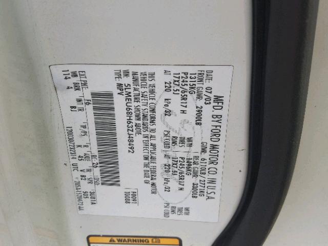 5LMEU68H63ZJ48492 - 2003 LINCOLN AVIATOR 白色 照片 10