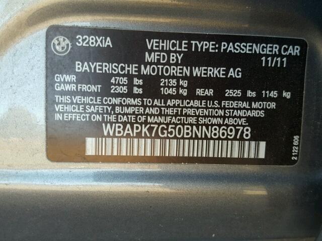 WBAPK7G50BNN86978 - 2011 BMW 328 XI Մոխրագույն լուսանկար 10