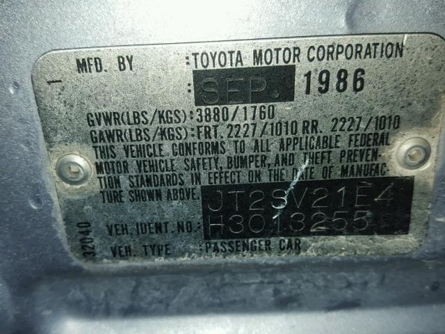 JT2SV21E4H3013255 - 1987 TOYOTA CAMRY DLX BLUE photo 10